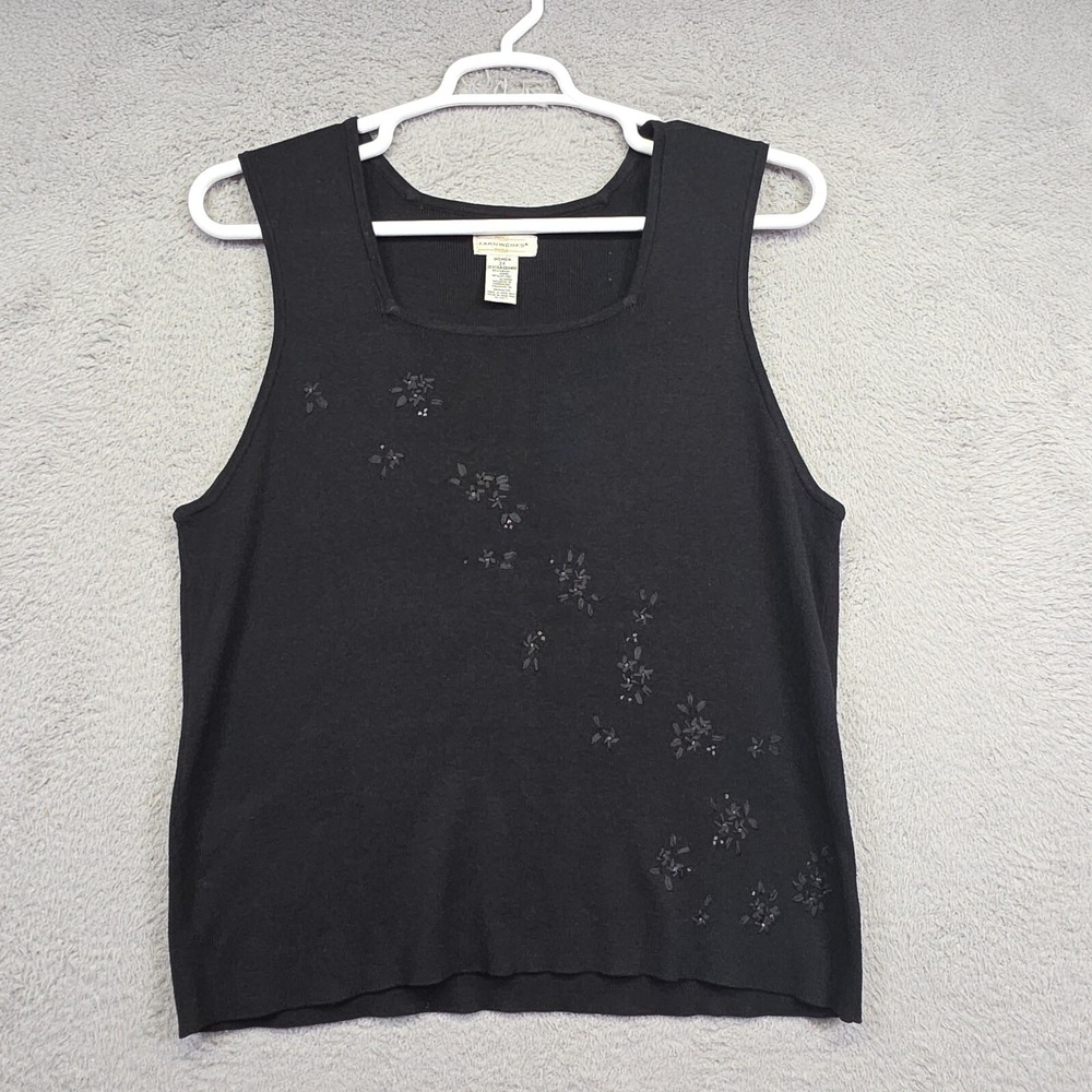 Vintage Yarnworks Top Womens 2X Black Floral Embroidered Beaded Tank‎ Minimalist